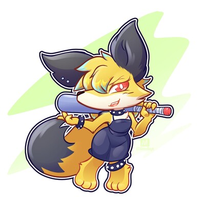 A colored drawing of a chibified, anthropomorphic fox wearing a black kneelength dress and several spiked collars, resting a baseball bat on her shoulder. She has a coy smile on her face, while simultaneously having a tough girl air about her.