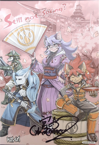 A postcard of Opera, Gren, and Kahlua from Solatorobo, signed by CC2's VP