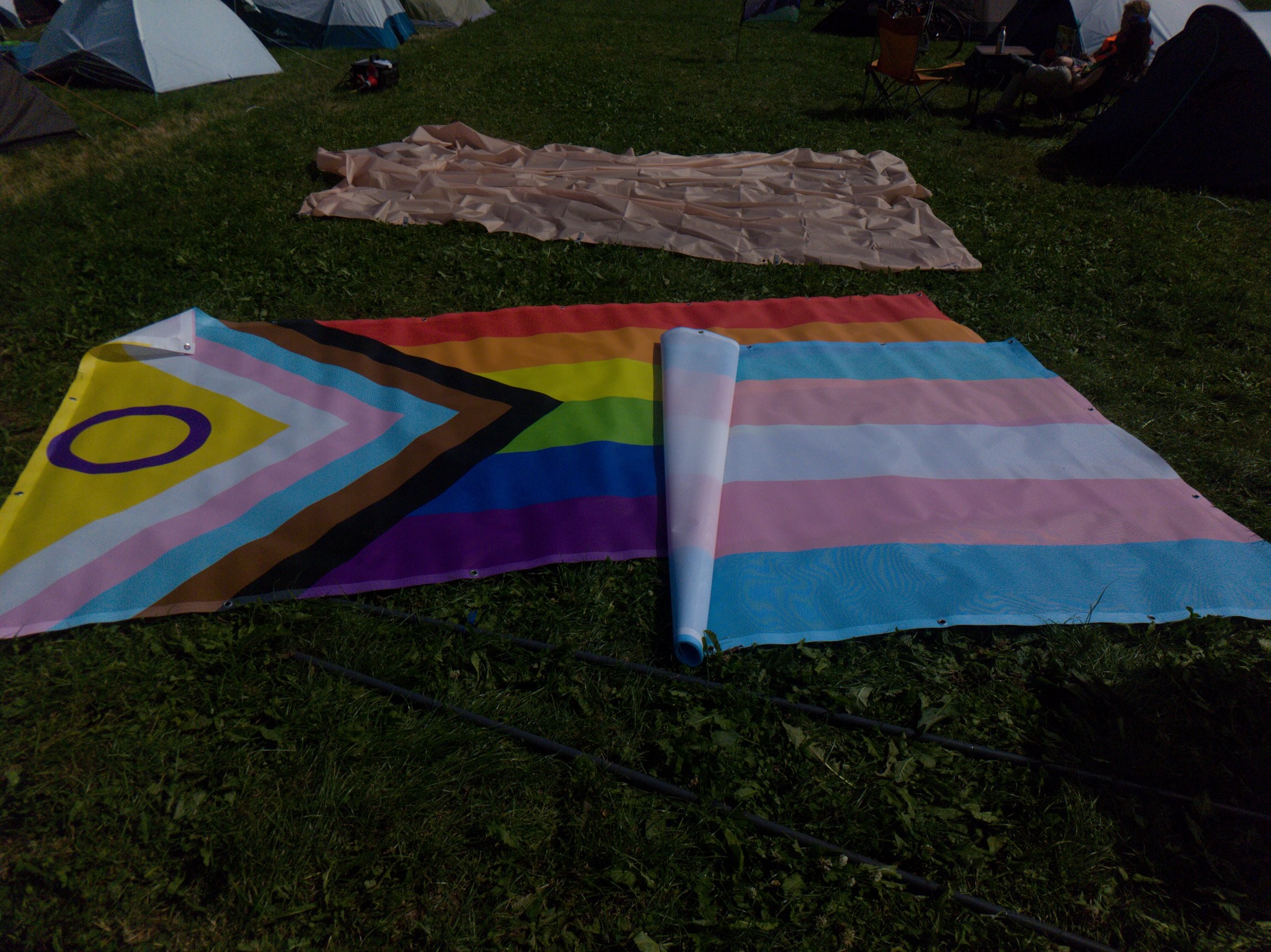 a gigantic progress pride and trans flag. they are construction sign sized