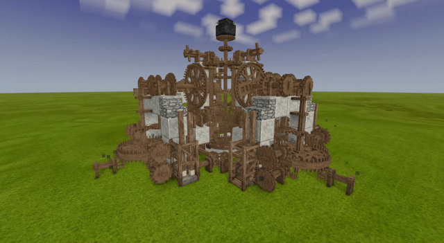 The view encircles and zooms in on a fantastical contraption that consists of a varied selection of gears, pounders, axles, support blocks, and one quern on the top. All of it is intertwined and working together in tandem.